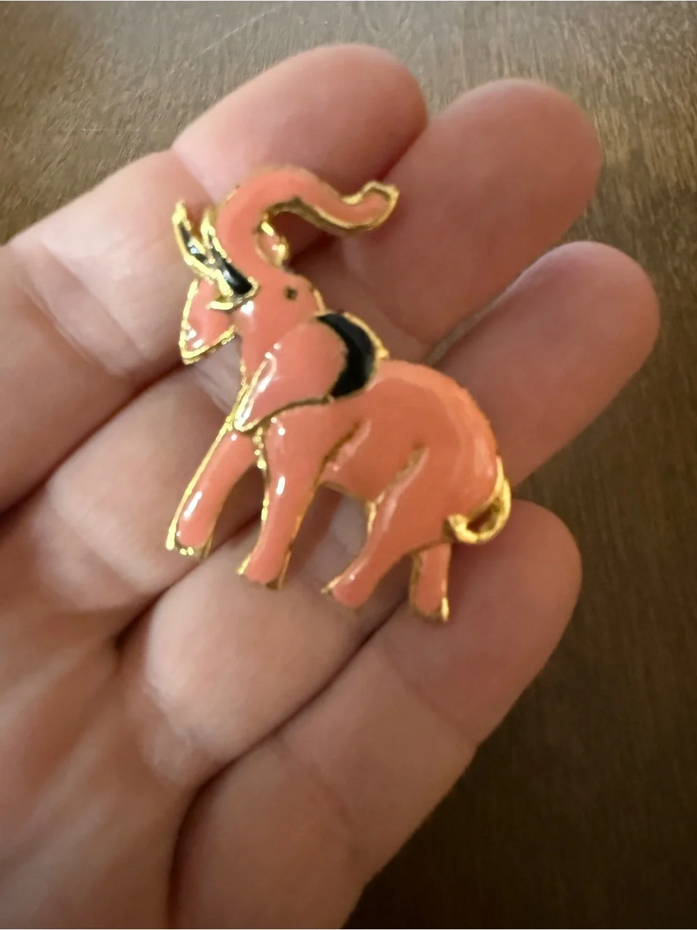 Pink And Black Enamel Elephant Pin Trunk Raised Brooch Vintage